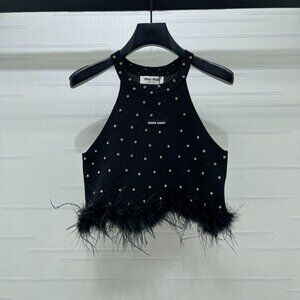Miu Miu 2026 Rhinestone Feather Knit Vest